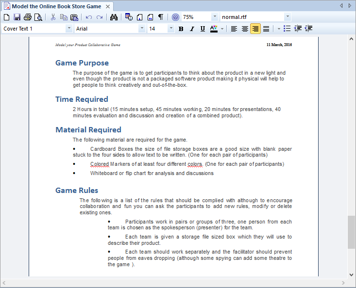 Using an artifact element to document a collaborative game in Sparx Systems Enterprise Architect.