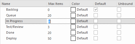 Showing how to set a maximum number of elements in a lane for a Kanban Diagram in Sparx Systems Enterprise Architect.