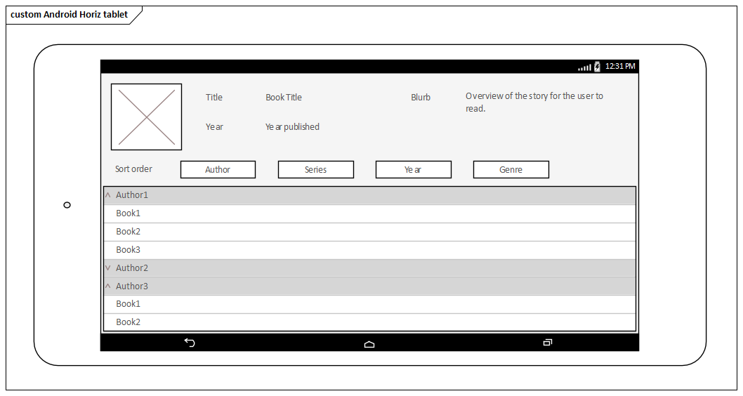 Example Android Tablet Wireframe (horizontal aspect) in Sparx Systems Enterprise Architect.