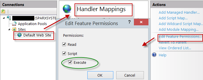 This illustration shows the access path and the 'Default Web Site | Handler' mappings to permit Script Execution.