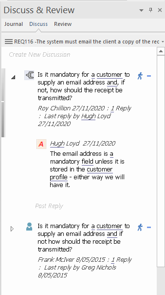 The Element Discussion facility can be used to discuss requirements, in Sparx Systems Enterprise Architect.