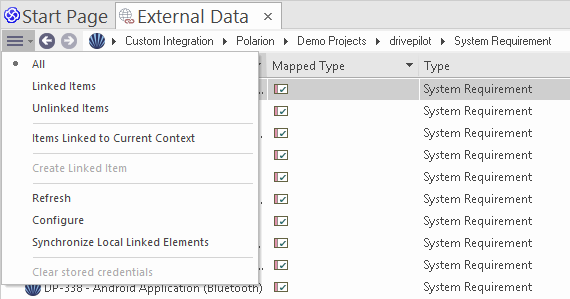 External Data Menu