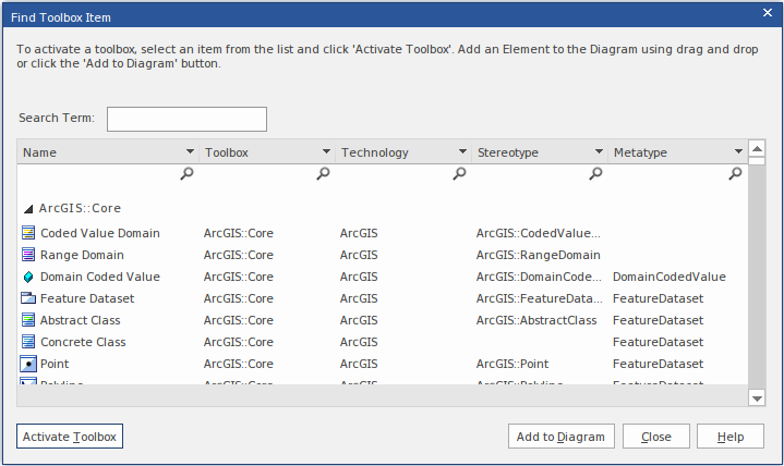 Showing a dialog for searching for toolbox items in Sparx Systems Enterprise Architect.