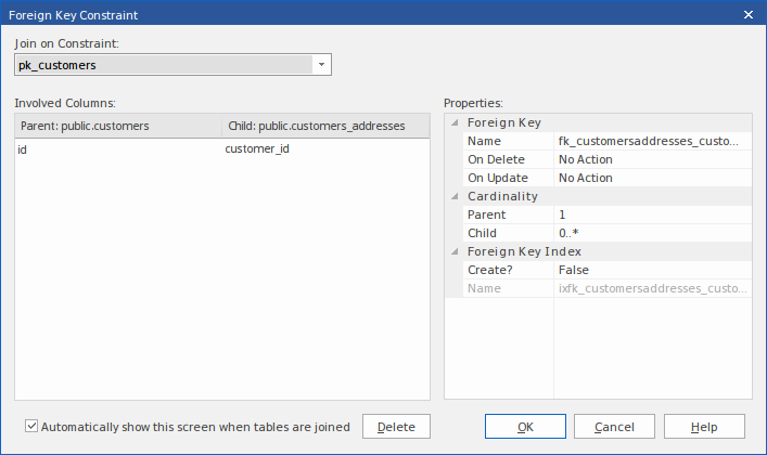 Showing an example foreign key constraint in Sparx Systems Enterprise Architect.