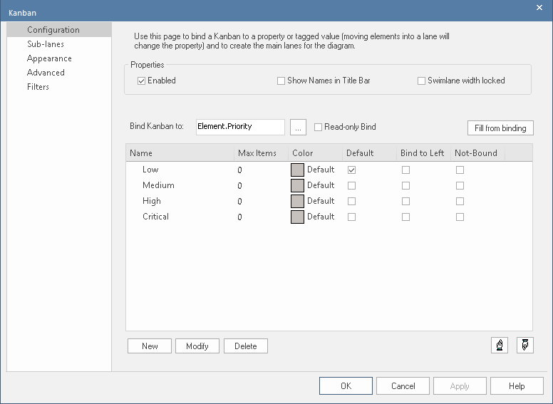 Configuring lanes for a Kanban Diagram in Sparx Systems Enterprise Architect.