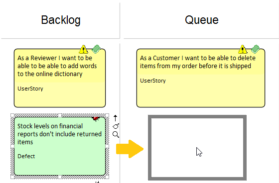 Moving an item between lanes in a Kanban Diagram in Sparx Systems Enterprise Architect.