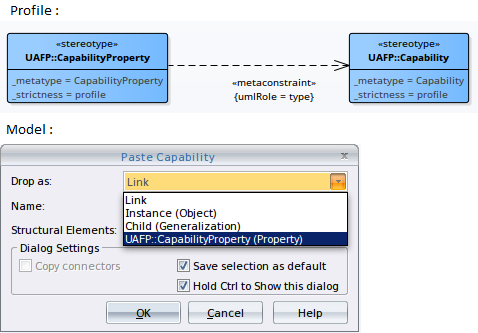 Showing how the metaconstraint connector can be used to define model validation rules for property types.