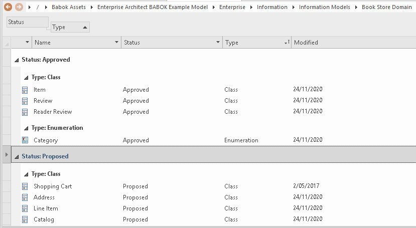 Viewing classes in the Package Browser list view in Sparx Systems Enterprise Architect.