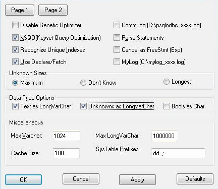 Advanced options page 1 for PostgreSQL in Sparx Systems Enterprise Architect.