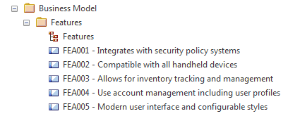 Showing Feature elements in the Project Browser in Sparx Systems Enterprise Architect.