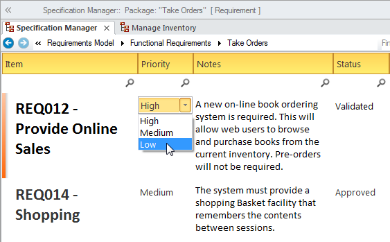 Changing the priority of a requirement element in the Specification Manager.