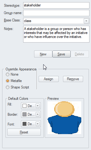 Setting the properties for an in-model stereotype in Sparx Systems Enterprise Architect.