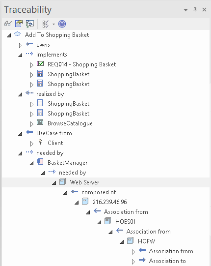 Showing the relationships between UML Use Case elements and other elements in the Traceability Window, in Sparx Systems Enterprise Architect.