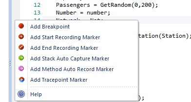 Image showing the various markers available for debugging and recording in Enterprise Architect code editors