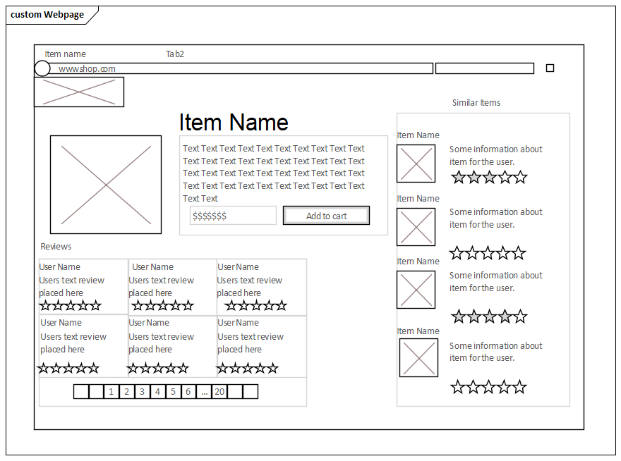 Example Webpage wireframe diagram created in Sparx Systems Enterprise Architect