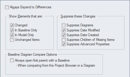 Baseline Compare Options dialog in in Sparx Systems Enterprise Architect. Baseline Compare Options dialog in in Sparx Systems Enterprise Architect.