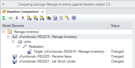 Showing results of a baseline comparison in Sparx Systems Enterprise Architect. Showing results of a baseline comparison in Sparx Systems Enterprise Architect.