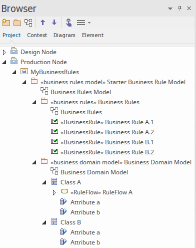 A Business Rules Modeling (BRM) model shown in the Project Browser in Sparx Systems Enterprise Architect. A Business Rules Modeling (BRM) model shown in the Project Browser in Sparx Systems Enterprise Architect.