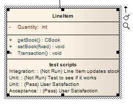 A UML Class element in Sparx Systems Enterprise Architect showing a test scripts compartment showing the test status of this element. A UML Class element in Sparx Systems Enterprise Architect showing a test scripts compartment showing the test status of this element.