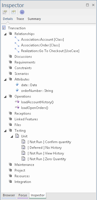 Viewing a UML Class element in the Element Browser in Sparx Systems Enterprise Architect. Viewing a UML Class element in the Element Browser in Sparx Systems Enterprise Architect.