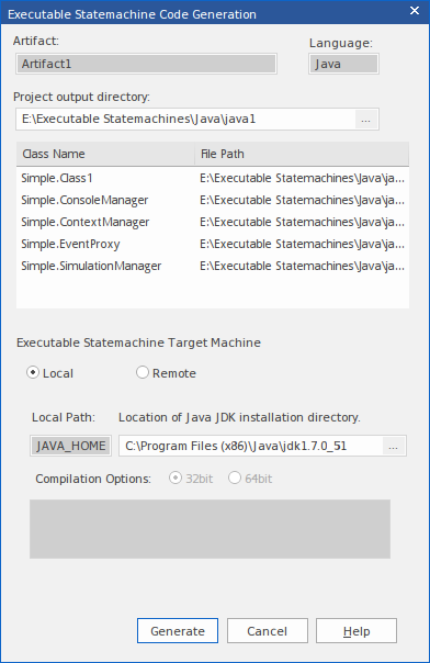 The code generation dialog for an executable state machine The code generation dialog for an executable state machine