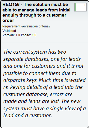 Requirement element displayed in Information View style in Sparx Systems Enterprise Architect. Requirement element displayed in Information View style in Sparx Systems Enterprise Architect.