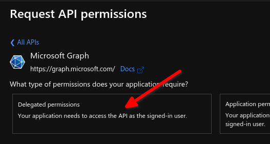 Select 'Delegated permissions' Select 'Delegated permissions'