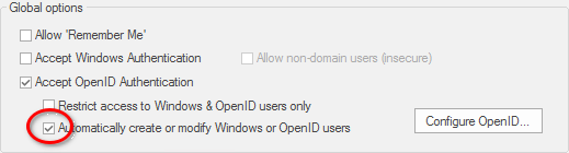 Tick the option to 'Automatically create or modify Windows or OpenID users' Tick the option to 'Automatically create or modify Windows or OpenID users'