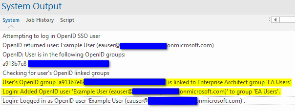 The System Output window showing automatica group assignment from linked OpenID groups The System Output window showing automatica group assignment from linked OpenID groups