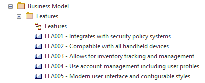 Showing Feature elements in the Project Browser in Sparx Systems Enterprise Architect. Showing Feature elements in the Project Browser in Sparx Systems Enterprise Architect.