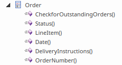 A screenshot from Sparx Systems Enterprise Architect showing how a UML Class element with owned Operations appears in the Project Browser. A screenshot from Sparx Systems Enterprise Architect showing how a UML Class element with owned Operations appears in the Project Browser.