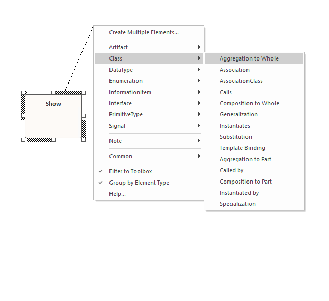 Showing the quicklinker menu for a selected Class element in Sparx Systems Enterprise Architect. Showing the quicklinker menu for a selected Class element in Sparx Systems Enterprise Architect.