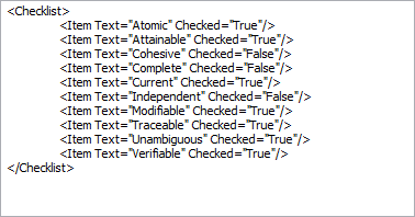 Definition of the Requirements checklist modeled in Sparx Systems Enterprise Architect. Definition of the Requirements checklist modeled in Sparx Systems Enterprise Architect.