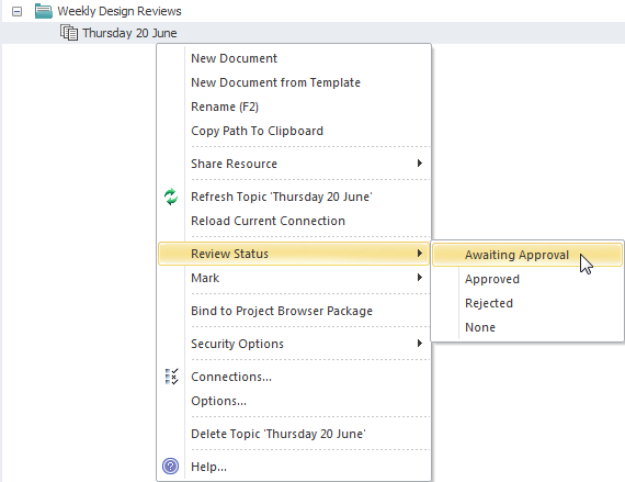 Context menu for topics in the Team Review window. Context menu for topics in the Team Review window.