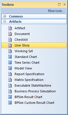 Selecting User Story from the Artifact toolbox in Sparx Systems Enterprise Architect. Selecting User Story from the Artifact toolbox in Sparx Systems Enterprise Architect.